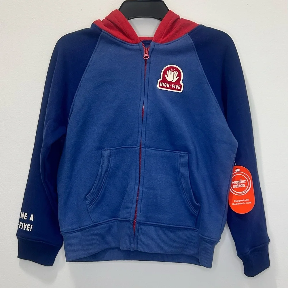 Wonder Nation Boys Zip Hoodie Blue Red High Five Graphic Size 8 Kids Hooded NWT